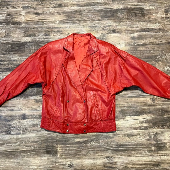 Vintage Echtes Leder Red Leather Bomber jacket - Picture 7 of 8